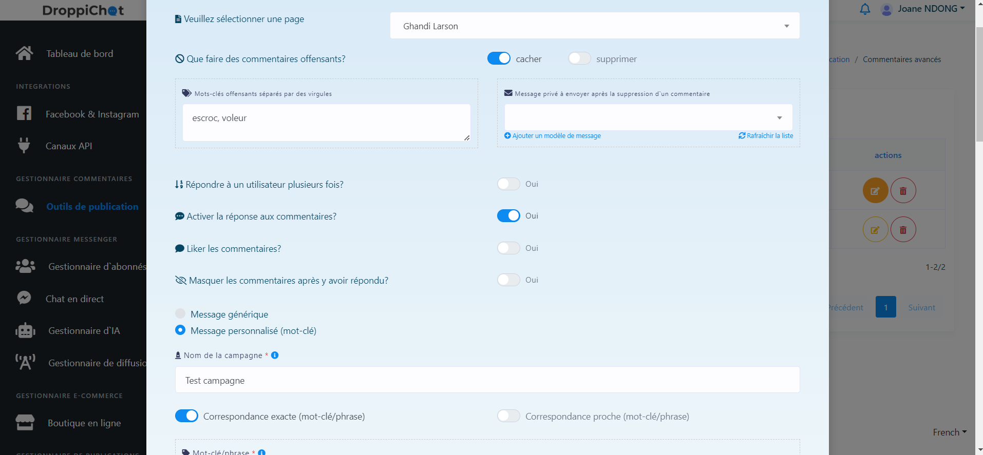 Modèle commentaire avancés DroppiChat